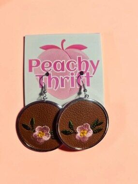 Warm Brown Leather & Embroidered Pink Blossom Dangles